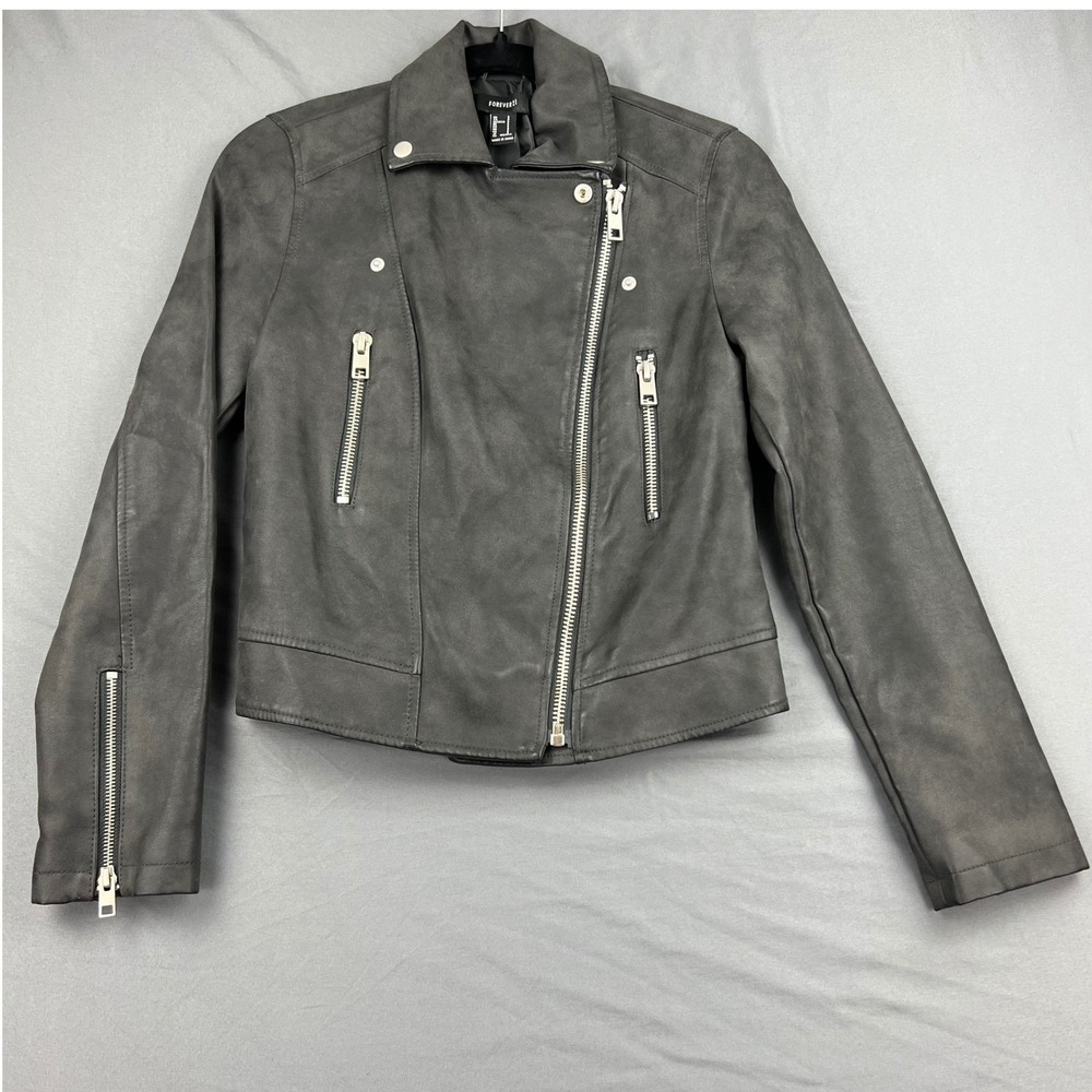 Forever 21 Moto Jacket Women Size S Faux Leather Gray Asymmetrical Biker Zip Up